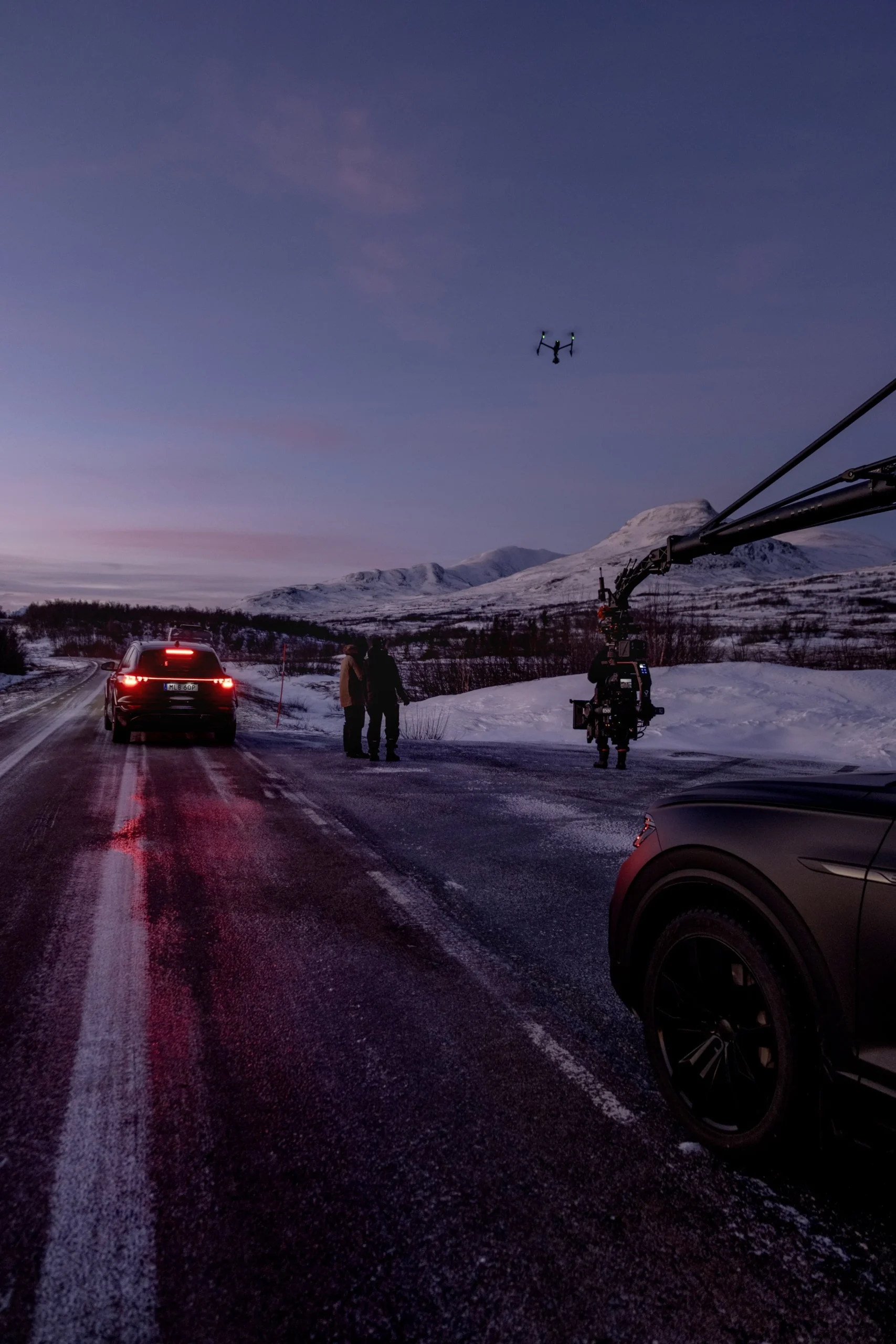 SQNC Sweden camera car tracking a vehicle through the winter mountains of Åre